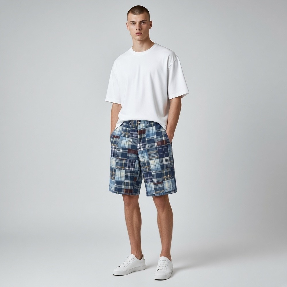 Polo Ralph Lauren Patchwork Shorts 34 Blue Vintage 90s Eclectic Plaid Americana